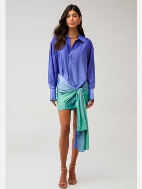 Bardot Malira Ombre Purple Teal Satin Side Sash Mini Shirt Dress NEW Size 10 US